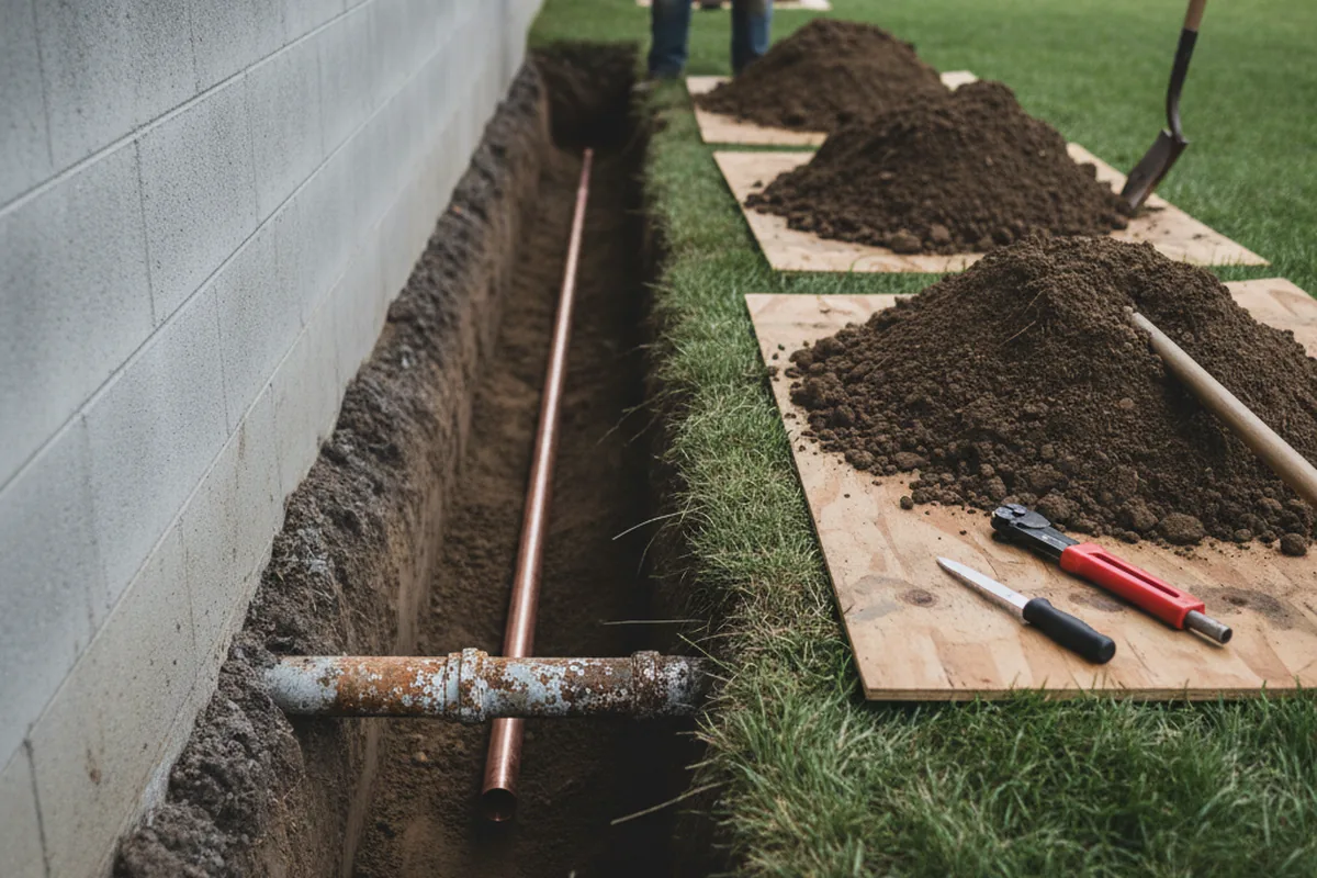 Excavated water line trench during Water Softener Installation in Hicksville